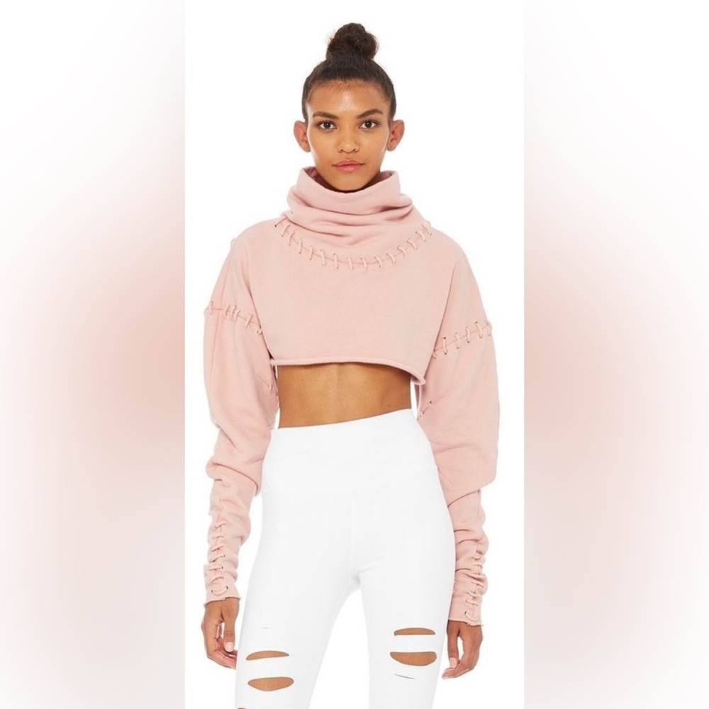 NWOT Alo Yoga Splice Cropped Cowl neck Turtleneck Sweatshirt Hoodie ‘ Nectar ‘